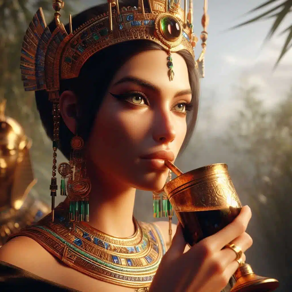 Reina Cleopatra tomando un elixir o bebida para combatir su problema de mal aliento o halitosis en Lima Perú en Clínica de Encías