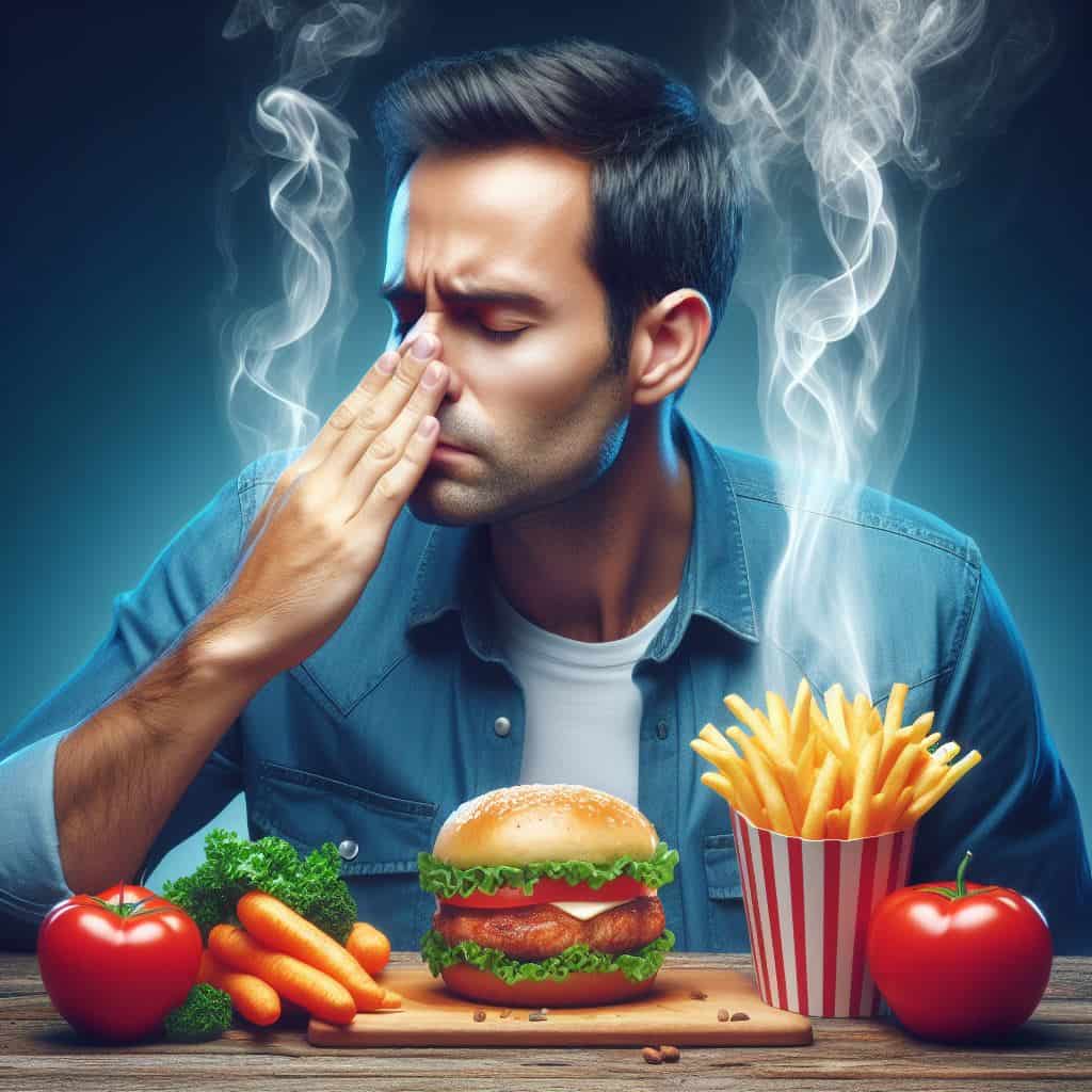 Un hombre estornuda mientras disfruta de una hamburguesa y papas fritas.