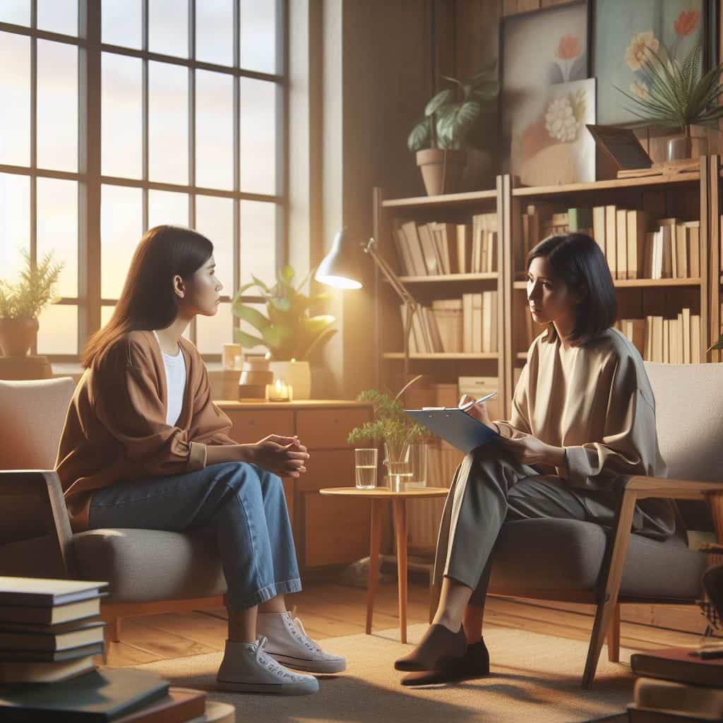 Dos mujeres sentadas en una habitación discutiendo sobre su halitofobia.