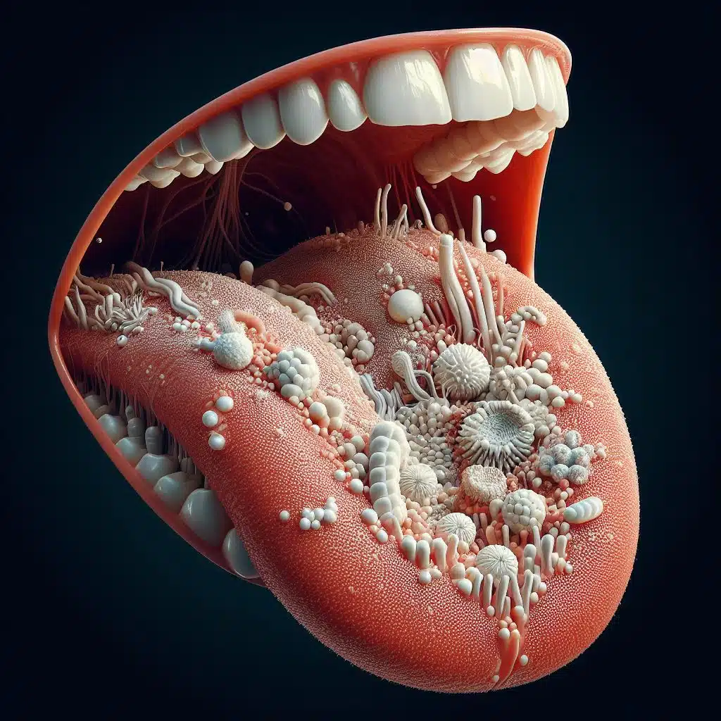 Un modelo 3D de una boca con muchas bacterias y lengua blanca. Saburra lingual tratamiento del mal aliento en lima perú con especialista en periodoncia